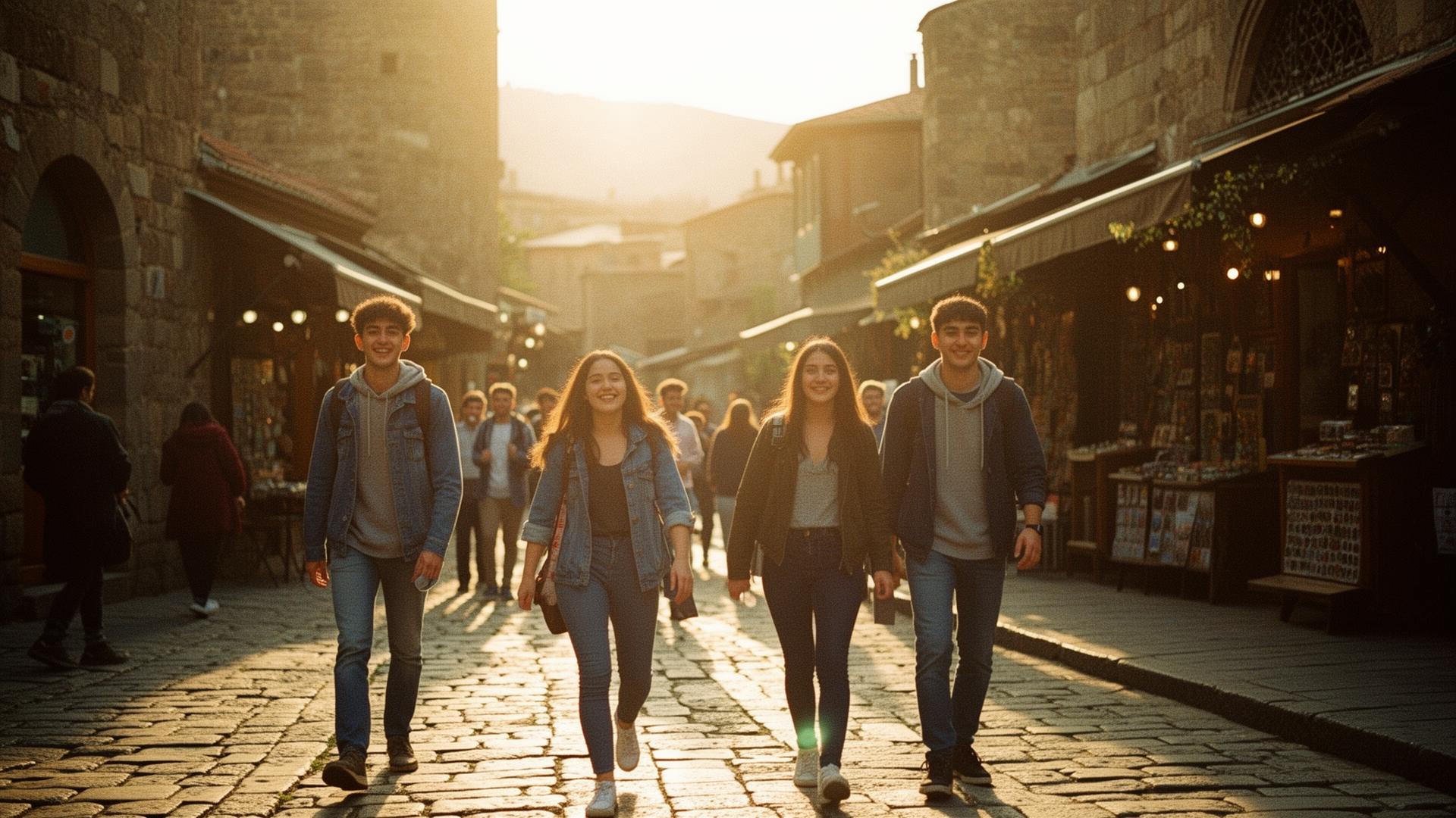International students walking through Tbilisi at golden hour
